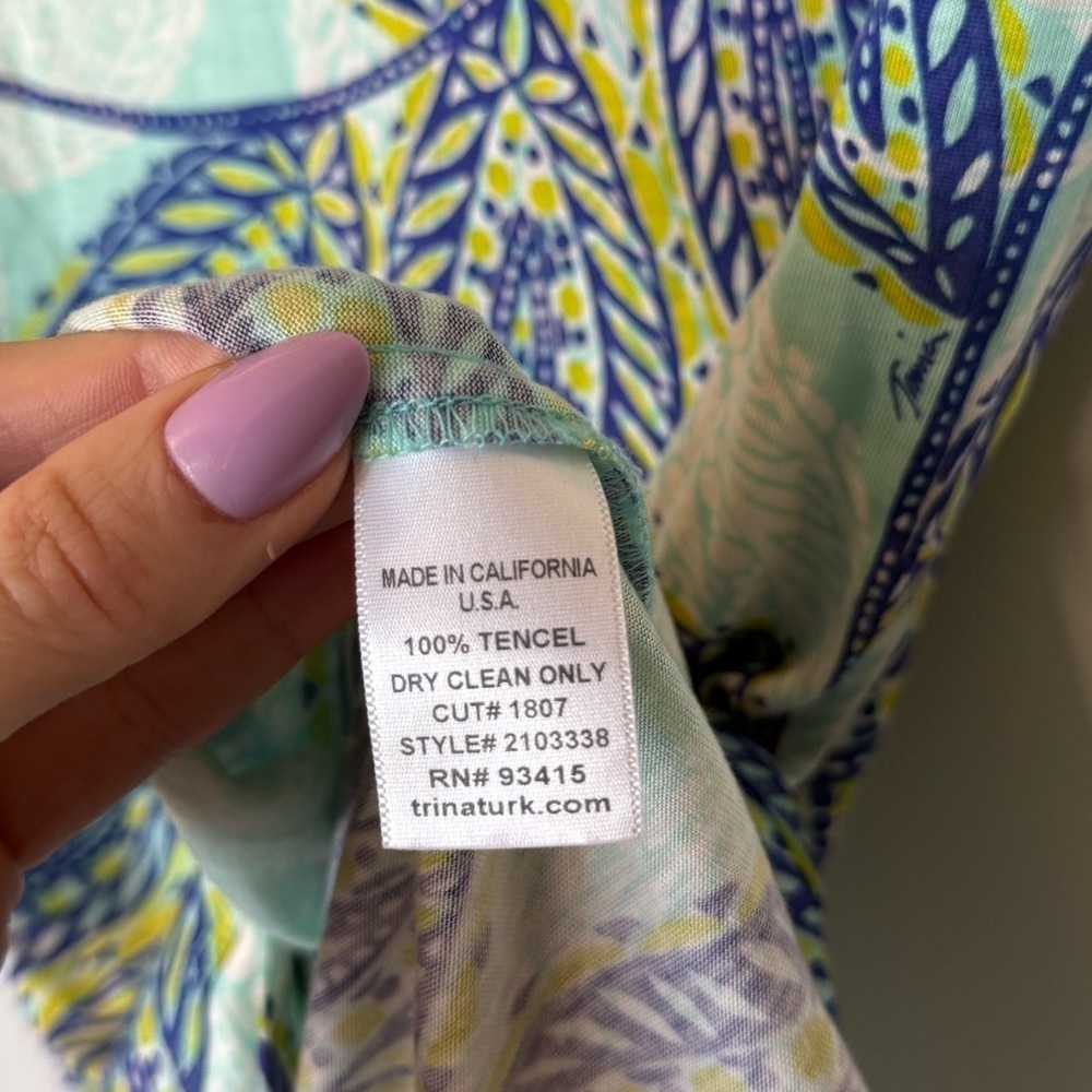 Trina Turk Blue Tropical Leaf Print Sleeveless Lightweight Mini Dress- Small - Picture 3 of 6